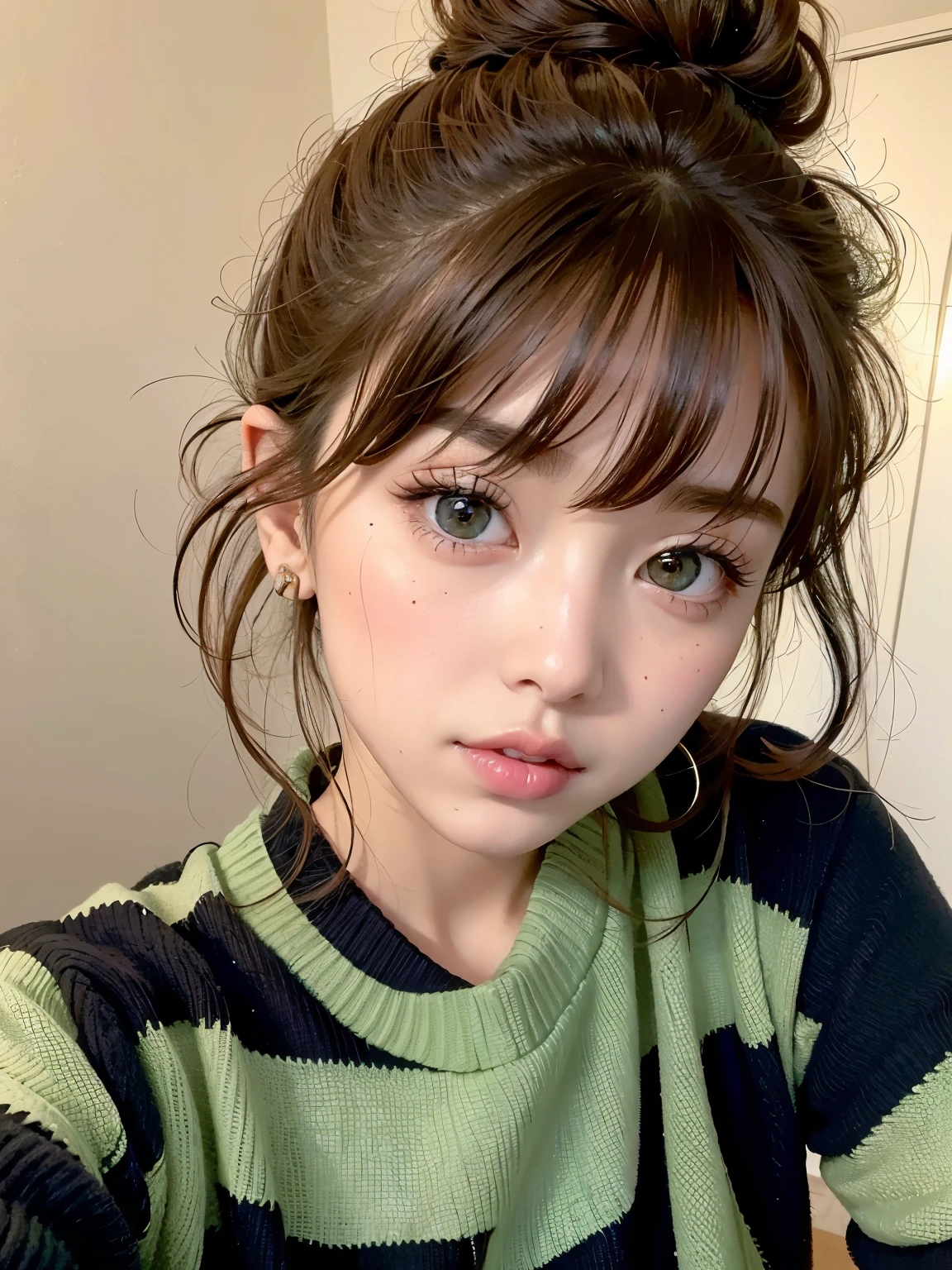 arafed woman with a messy bun in a green and black sweater, ulzzang, linda cara de anime natural, retrato realista kawaii, lindos ojos verdes redondos rasgados, brown hair and big eyes, flequillo esponjoso, maquillaje suave, Tono verde claro hermosa cara, Grandes ojos redondos lindos, cabello limpio con flequillo, brown hair with bangs, chica linda-cara-fina