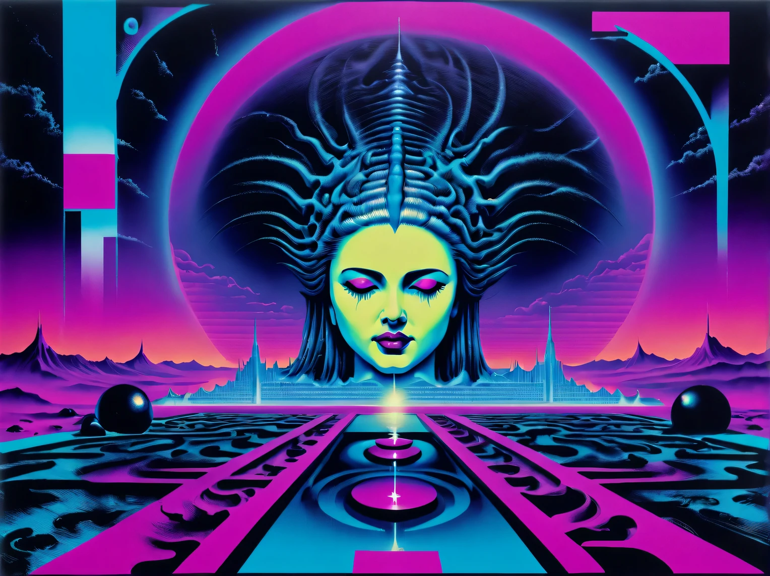 vapor wave aesthetics, A look from the outside, beyond the event horizon, shining of the pure mind, contact of many realities, psychedelic, HR Giger, Xue Wang Gothic Surrealism, all colors, Vapor wave effect