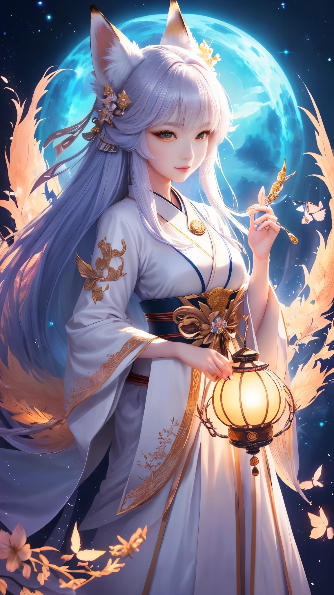 masterpiece , best quality, Close-up, masterpiece, beautiful details, colorful, delicate details, delicate lips, intricate details, genuine, ultrargenuineista, 枝に座っている色とりどりの髪のFoxを持つ女の子:cute, light makeup, ,色とりどりのFox, raposa de nine tails, 三尾Fox, 三尾Fox, onmyoji detailed art, beautiful fine art illustration, mythical creatures, Fox, beautiful digital art,shrine maiden,japanese architecture,hold hands,exquisite digital illustration, mizutsune, Inspired by mythical wild web creatures, pixiv in digital art, shining light, high contrast, Mysterious,枝に座っている色とりどりの髪のFoxを持つ女の子,front,looking at the camera