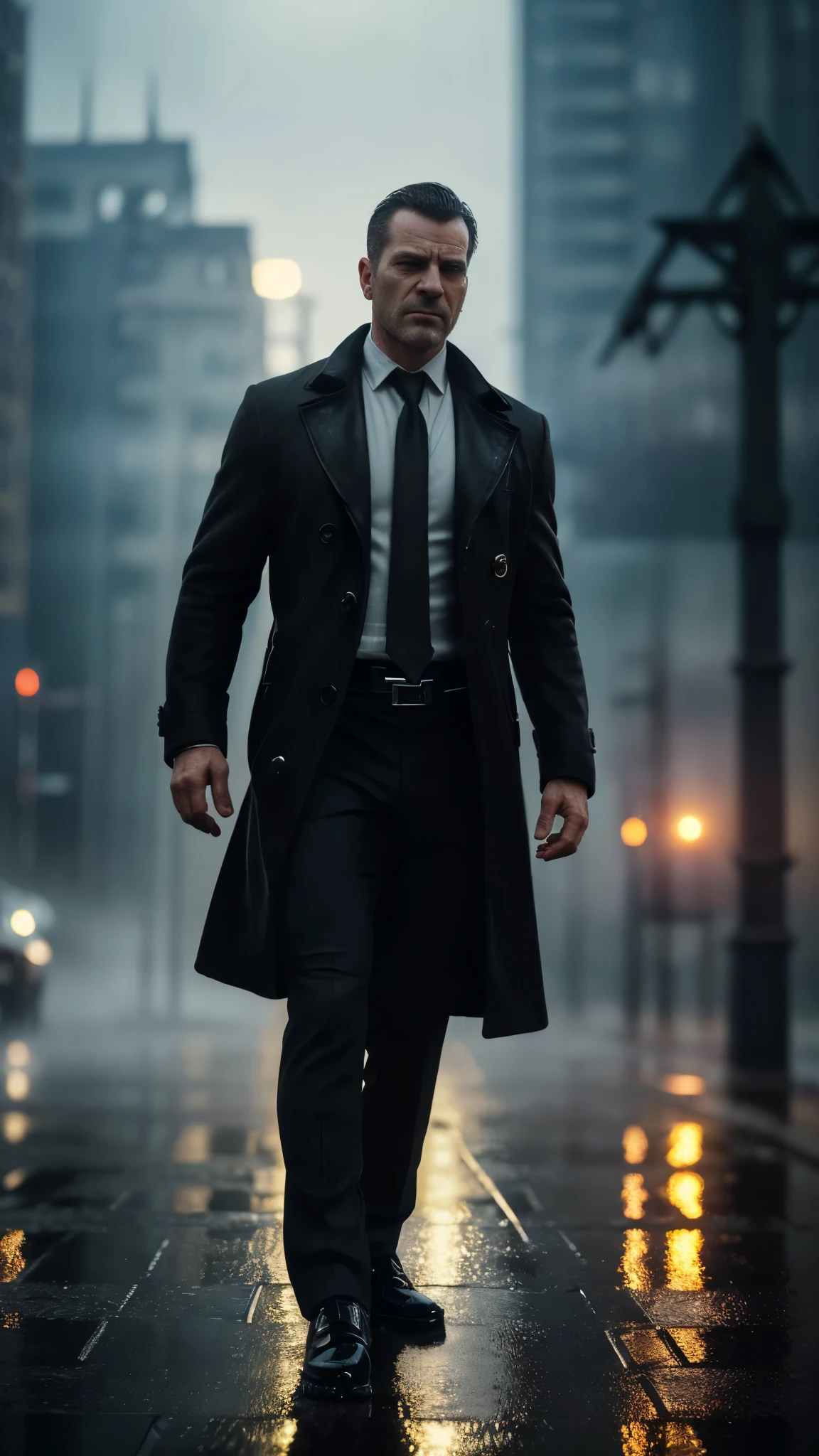 ( (Character: Max Payne, 48 years old, police, serious expression, short windswept hair, scar on right eyebrow, strong body) (Clothing: black overcoat, Tie, black pants, social shoes) (Pose: full body shot:1.7, dynamic pose) (blurry, intense urban lights in background) (Style: ((masterpiece:1.5)), (face detailed), photo-realistic:1.3, hyperrealistic, foggy, rain drops, high contrast, shiny skin, soft lighting, backlighting, bloom, light sparkles, chromatic aberration) bokeh, depth of field effect. 