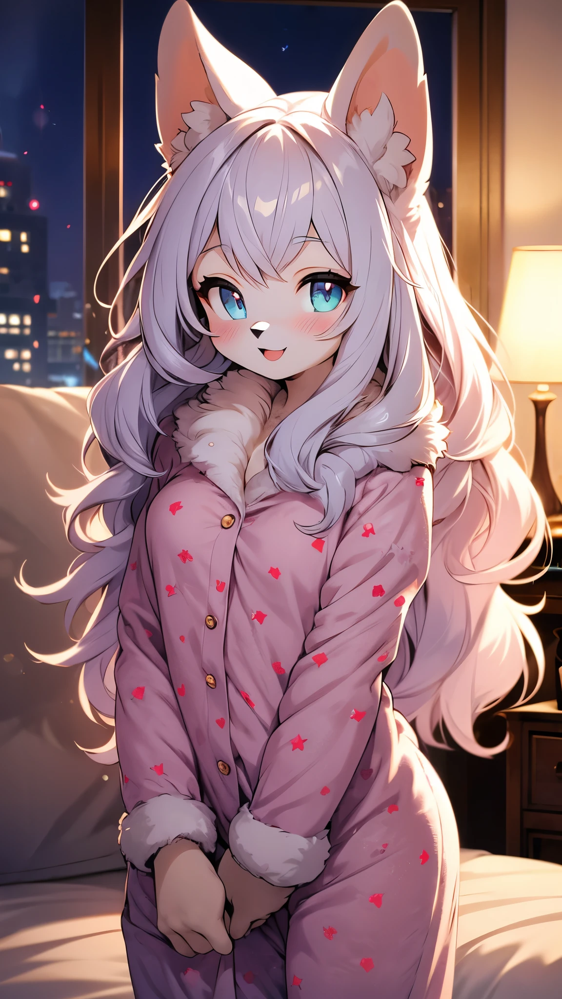 furry girl,ultra detailed fur,pubic fur,room,moonlight,all face blush,smile,sexy pajamas,looking at viewer