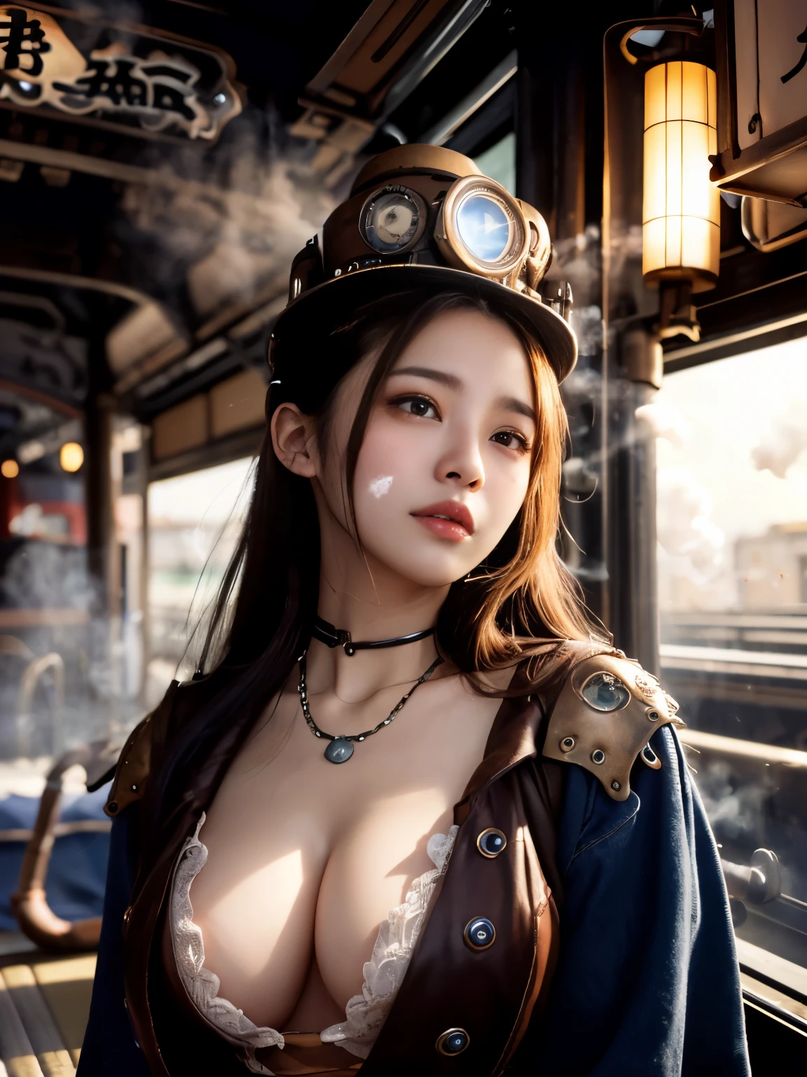 bokeh, masterpiece, analog photo, RAW, ultra detailed background, beautiful high school girl, Light brown long hair, Light brown beautiful eyes, Blushed face, (Japanese idol:1.5), Plump breast, (steam punk:1.4), Looking at the viewer, cowboy shot, sunset train