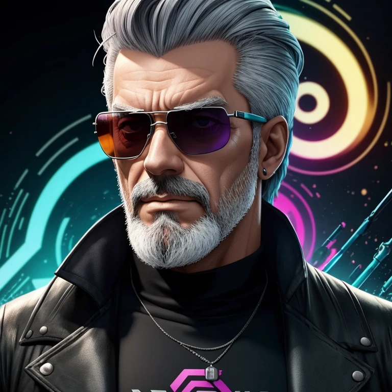 Edlintramos with grey beard and sunglasses, arte cyberpunk, arte funk, cores gradientes deslumbrantes, retrato estilizado h 704, pompadour, streamer twitch, cores frias. insanamente detalhado, t-800, sem assinatura de marca d'water, em cores ricas, ultrapassado