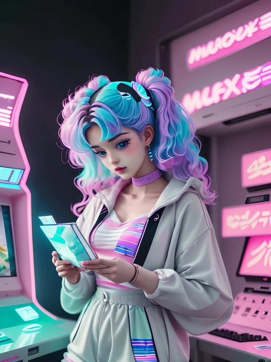 masterpiece, cutecore vaporwave style, 1 woman, playing game, gaming room, casual clothes, 