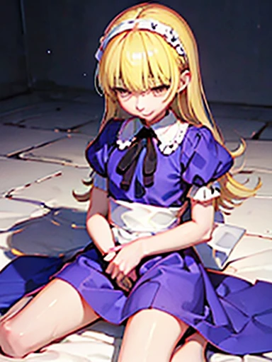 nsfw,sex、rape、vaginal 、lie down、On your back、sleep、Held down、Alice、美girl、girl、delicate、beautiful, whole body, smile, smile alicesmt, dress, long hair, blonde hair, hair band, dull bangs, puffy sleeves, blue dress, yellow eyes