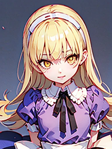 nsfw,sex、rape、vaginal 、lie down、On your back、sleep、Held down、Alice、美girl、girl、delicate、beautiful, whole body, smile, smile alicesmt, dress, long hair, blonde hair, hair band, dull bangs, puffy sleeves, blue dress, yellow eyes