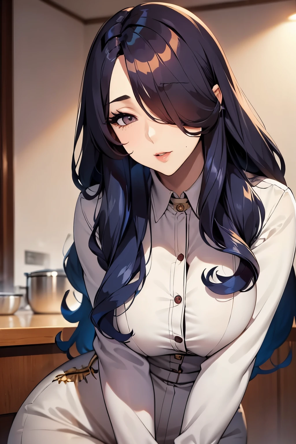 beautiful adult female with long wavy hair, bangs that over one of her eye, in date outfits (mommy face, Close up, highly detailed, clear face, beautiful face, perfect anatomy, masterpiece, best quality, highest quality, hair over one eye, one eye covered with hair)