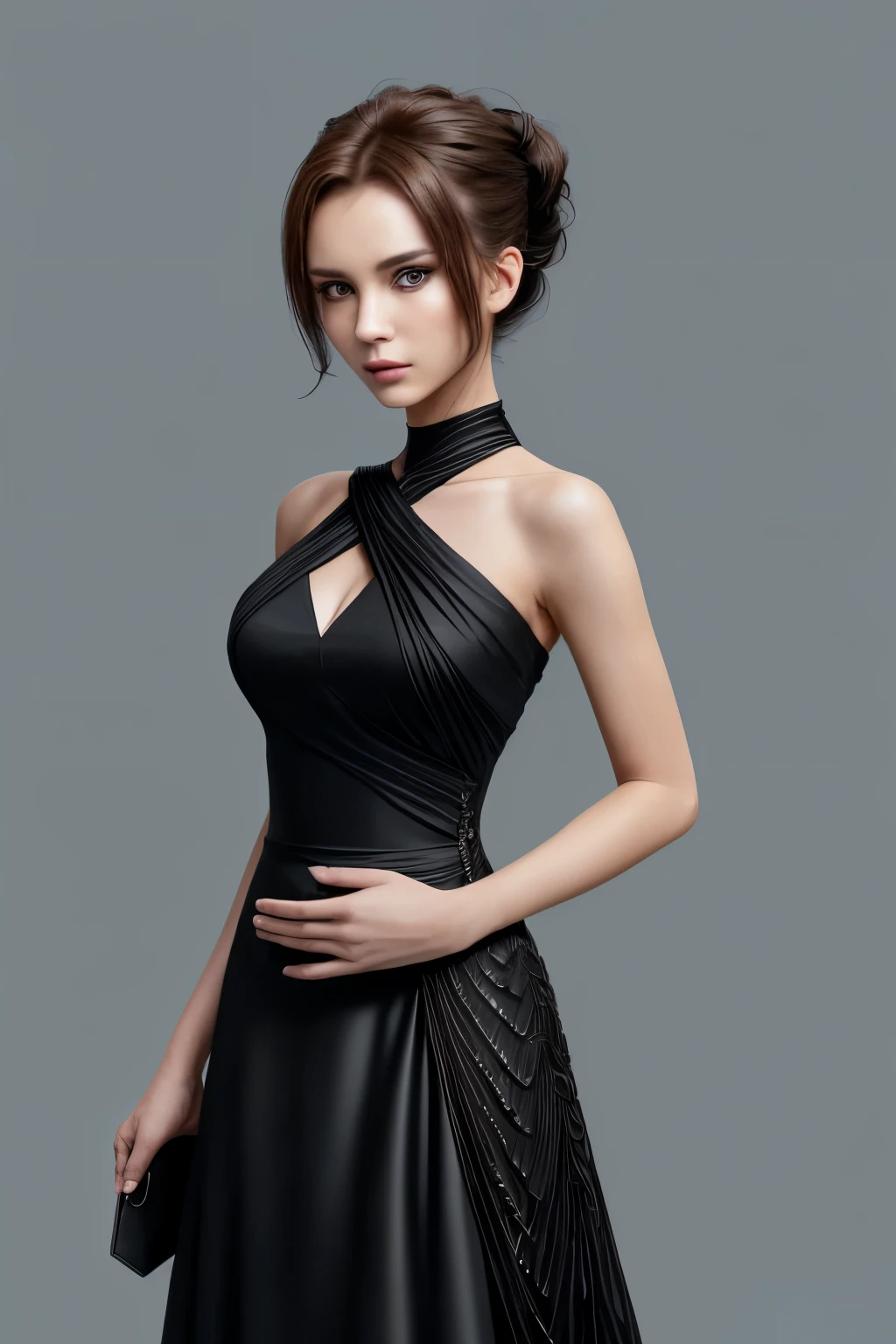 A beautiful woman in a black dress posing with one shoulder, 8K resolution style, thermonuclear, goose punk, focus on joints/connect, minimal polish, Handheld, Frankness--ar 2:3 -- 5 medium