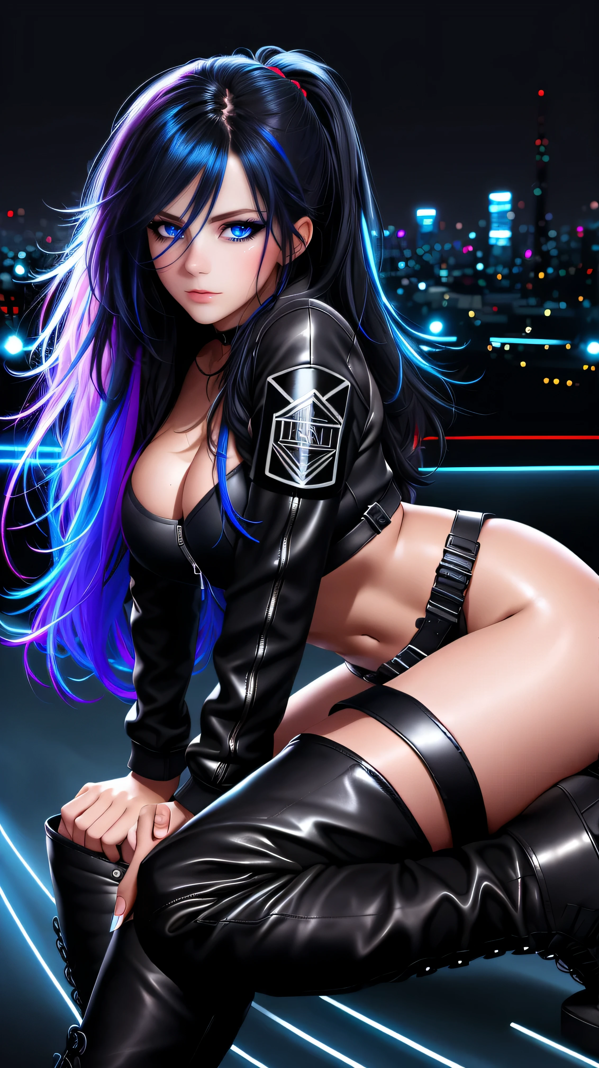beautiful girl, full body, bright blue neon streaked dishevelled hair, ((large light realistic detailed eyes:1.3)), ((seductive pose:1.5)), black eyeshadow, (street style wear:1.2), ((tight fitted short pants)), ((thigh high leather boots:1.3)), ((dark city night black background:1.4)), dark makeup, digital art, trending on artstation, highly detailed, fine detail, intricate, beautiful detailed glow, detailed, Cinematic light, high-res, detailed facial features, sharp focus, smooth, aesthetic,
