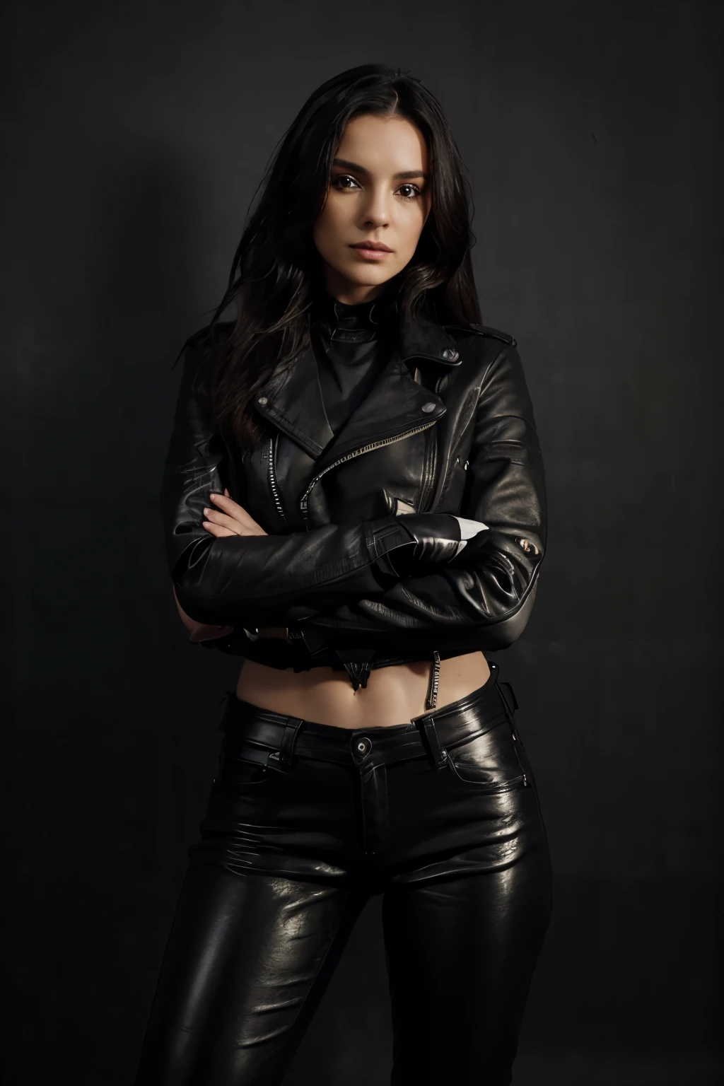 Woman wearing black leather jacket and black leather pants, black gloves, Posing with a black motorcycle, holding black helmet, toned body, Messy medium-long hair, Madeleine Klein