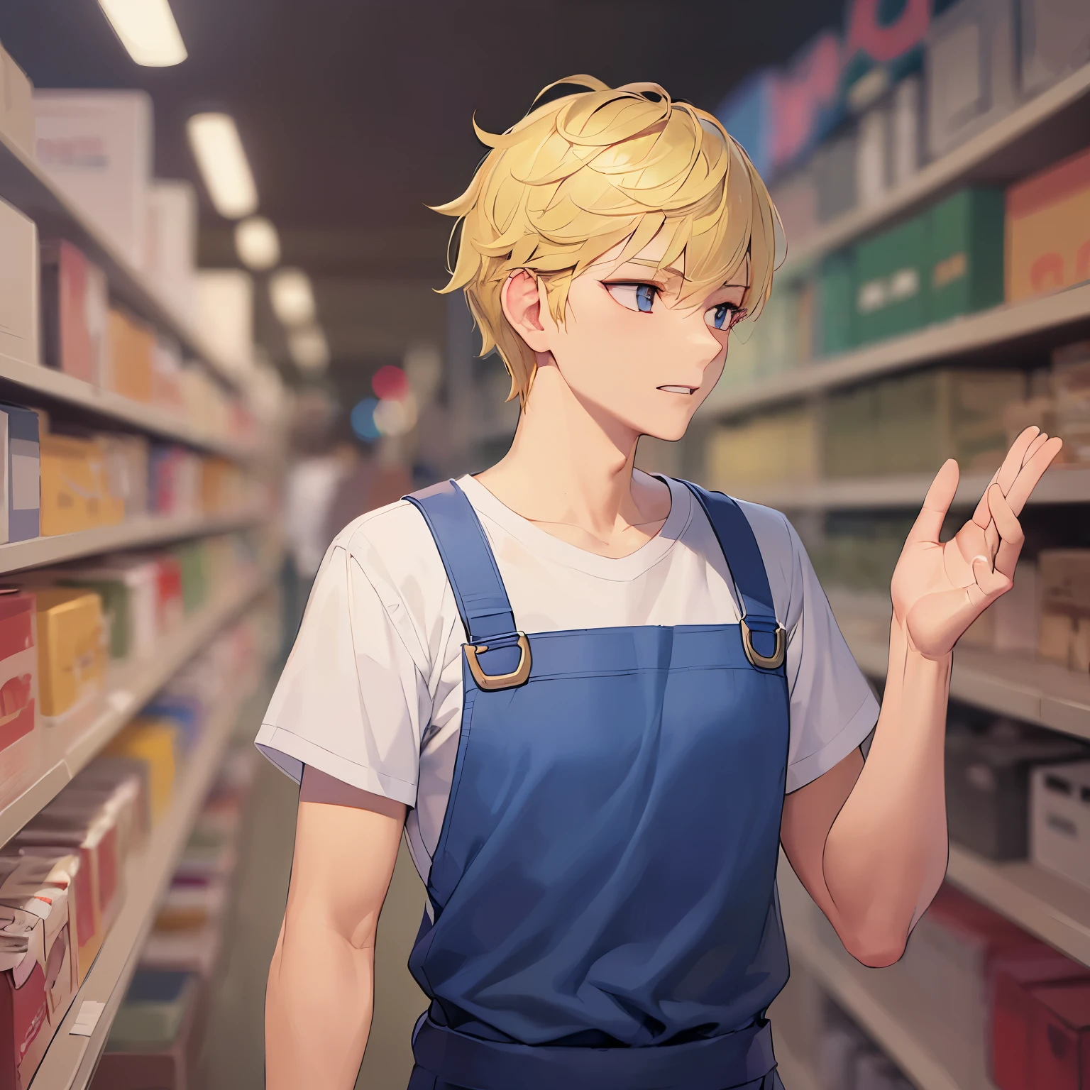 scowl, grin, jitome, Waving hand, (looking away:1.5), masterpiece、high quality、(25 year old man with short blonde hair and blonde eyes:1.5)、white t-shirt、(Wearing a blue apron:1.5)、Supermarket background、Alone、bold composition