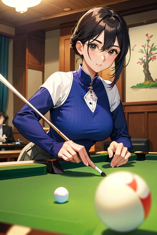 beautiful mature woman、billiards、Hit the ball、hustler、Upper body、play、billiards台にうつ伏せ、backwards、片足billiards台に乗せる