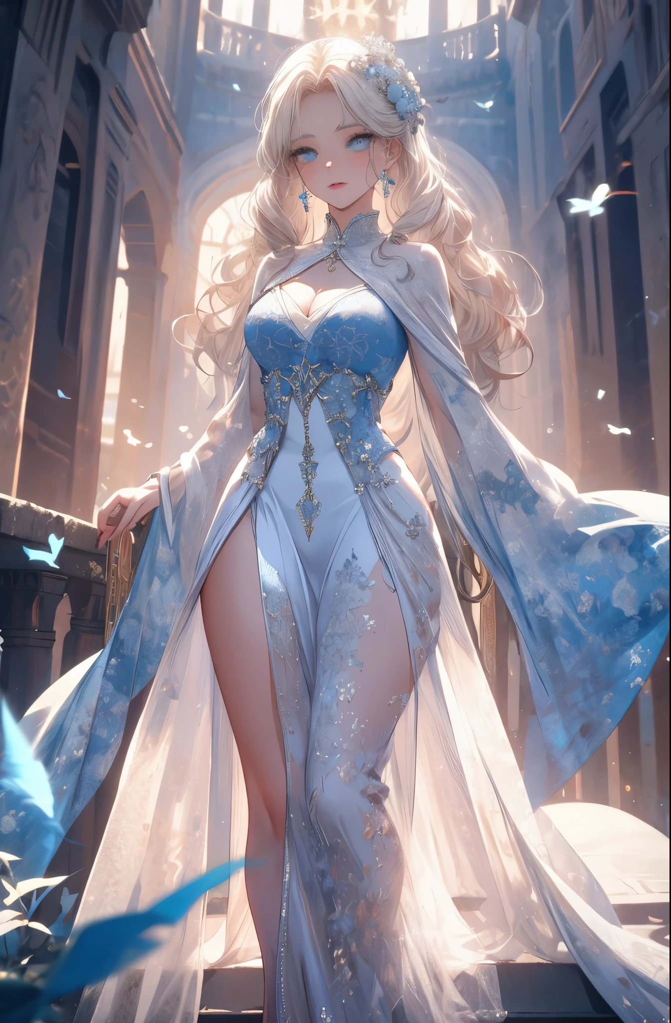 masterpiece, highest quality, 8K, High resolution, be familiar with, Beautiful woman, clear eyes, clearly drawn face, beautiful and well-shaped face, long eyelashes, Beautiful white dress with blue lace, platinum blonde soft curly hair, blue shining eyes, A castle garden filled with blue and white flowers, shiny thighs, sexy pose, perfect proportions, toned body,