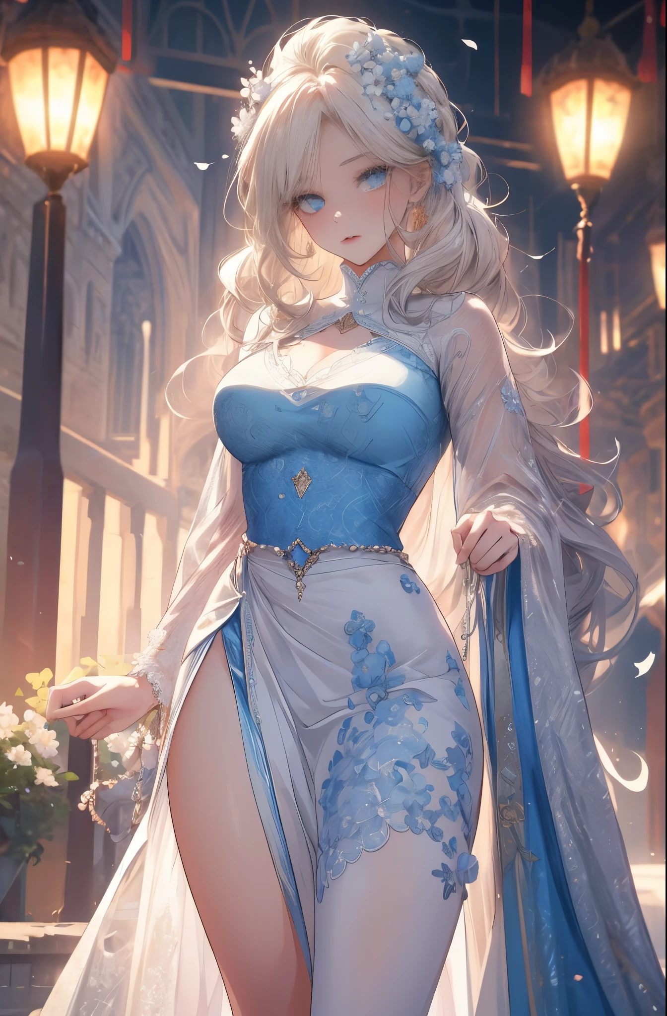 masterpiece, highest quality, 8K, High resolution, be familiar with, Beautiful woman, clear eyes, clearly drawn face, beautiful and well-shaped face, long eyelashes, Beautiful white dress with blue lace, platinum blonde soft curly hair, blue shining eyes, A castle garden filled with blue and white flowers, shiny thighs, sexy pose, perfect proportions, toned body,