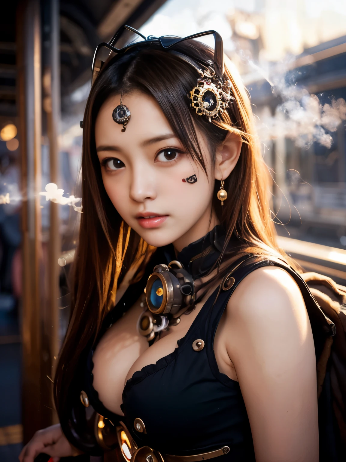 bokeh, masterpiece, analog photo, RAW, ultra detailed background, beautiful high school girl, Light brown long hair, Light brown beautiful eyes, Blushed face, (Japanese idol:1.5), Plump breast, (steam punk:1.4), Looking at the viewer, cowboy shot, sunset train
