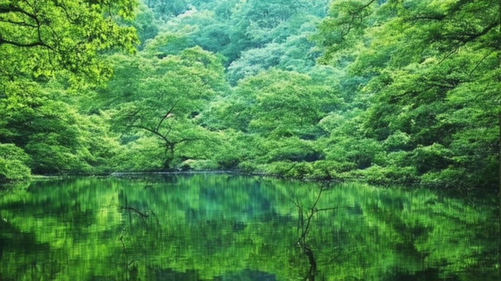 Tree in river water surrounded by green leaves々is reflected, mystical forest lagoon, japan lush forest, green waters, Forest with a lake, peaceful lushious forest, lake in the middle of a forest, forest and river, green water, serene forest setting, dark green water, calm environment, beautiful forest scenery, beautiful environment, peaceful environment, peaceful and calm