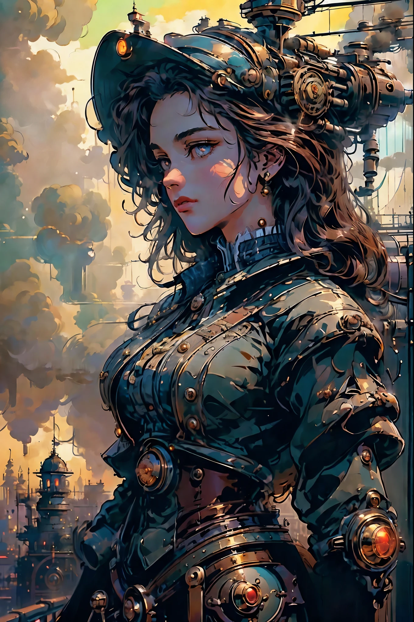 (masterpiece,top quality,best quality,official art,Beautiful and beautiful:1.2),Steampunk, Victorian mechanical world,steam train,smoke,massive clockwork,exquisite machinery, vibrant sunset, neon lights, bustling commercial street, hazy atmosphere, mysterious silhouettes