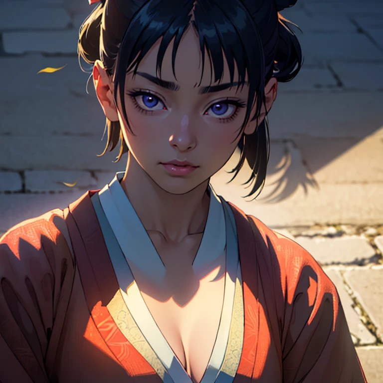 (8K, highest quality, masterpiece:1.2), (realistic:1.4),It's like a movie, highest quality, ultra high resolution, best shadow, (whole body:1.4), short haired woman, japanese kimono, contrast of light and shadow,samurai sword, large scale amazing environment, horror, dark horror, very detailed facial features, beautiful and perfect face, perfect eyes