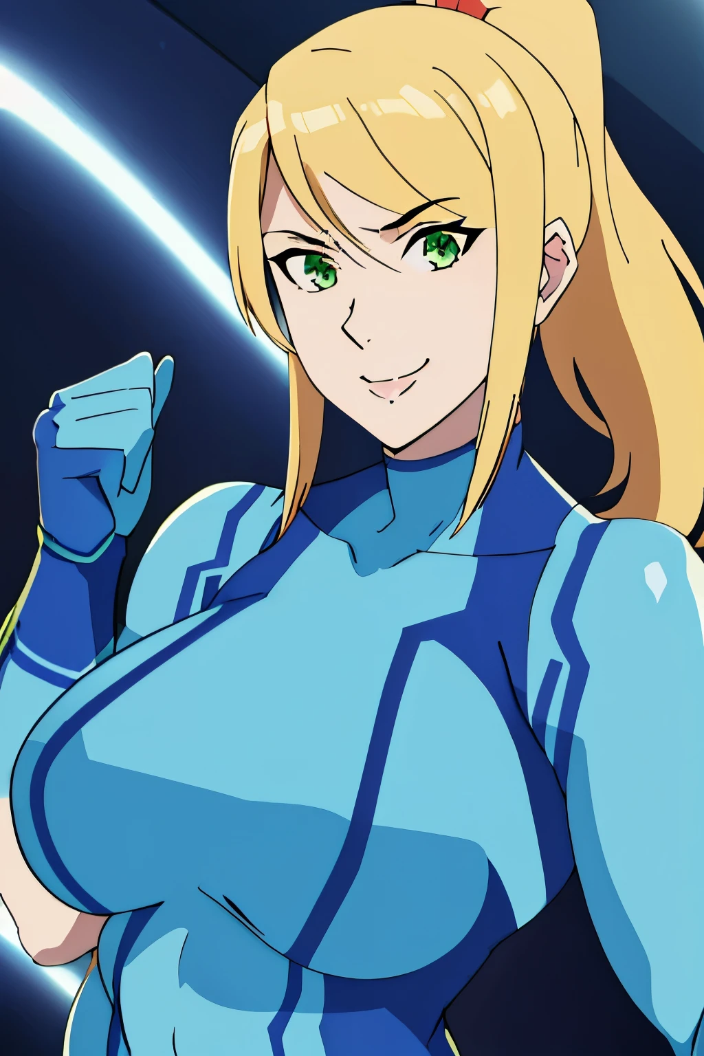 samus,1girl, solo, long hair, breasts, looking at viewer, bangs, blonde hair, large breasts, holding, green eyes, ponytail, w bodysuit, covered navel, muscular, abs, mole under mouth, skin tight, curvy female, blue bodysuit, zero suit,zero suit, blue gloves, simpossible bodysuit, samus aran, ship corridor, background masterpiece, best quality, smile, 1girl, anime style, upper body, (((large breasts 1.3))), ((mature female 1.3)),
vox machina style