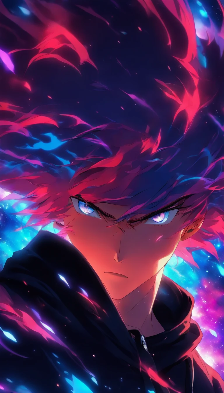 1 man, wears black Hoodie, red hair, purple & blue eye, cosmic background