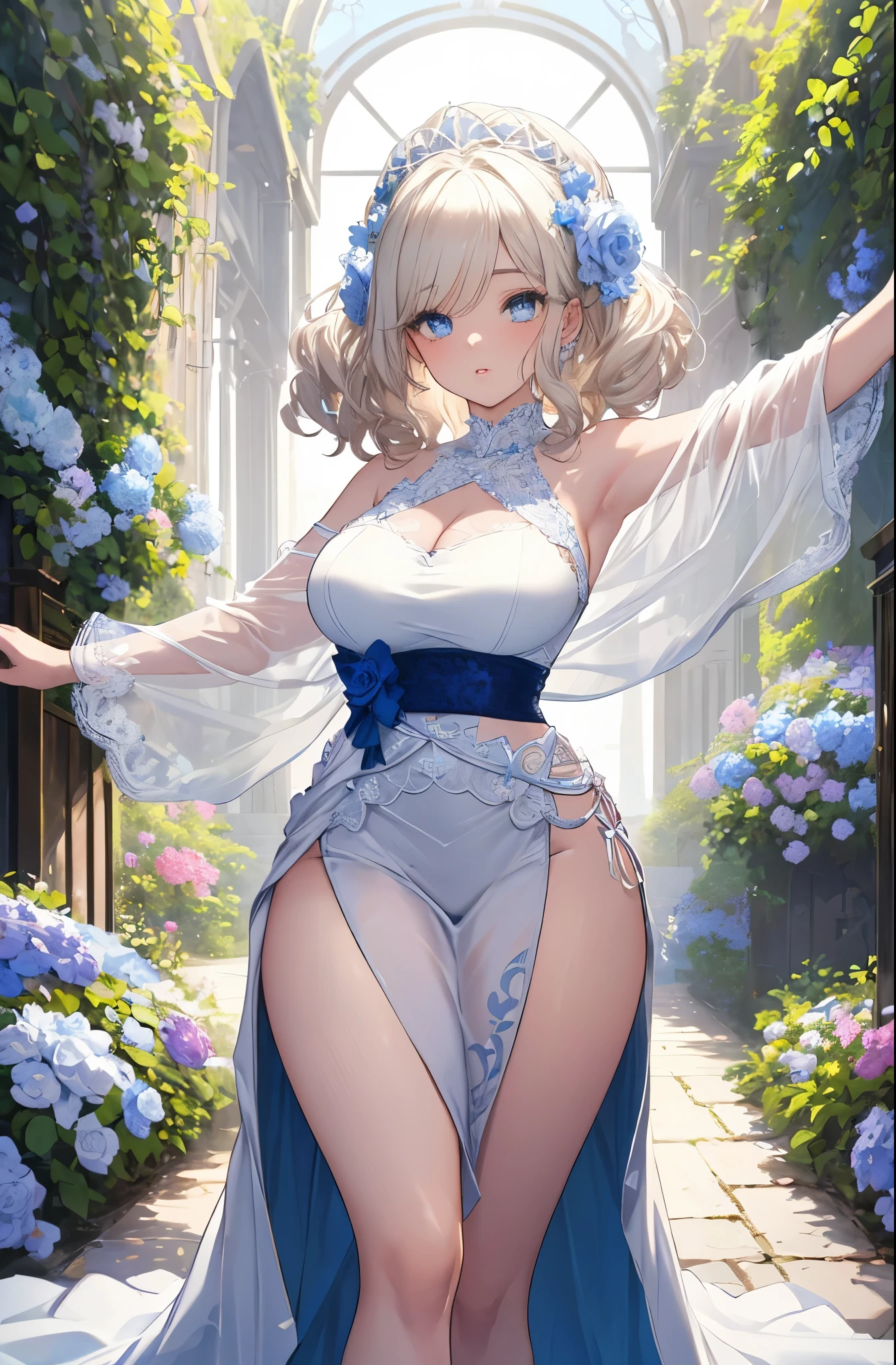 masterpiece, highest quality, 8K, High resolution, be familiar with, Beautiful woman, clear eyes, clearly drawn face, beautiful and well-shaped face, long eyelashes, Beautiful white dress with blue lace, platinum blonde soft curly hair, blue shining eyes, A castle garden filled with blue and white flowers, shiny thighs, sexy pose, perfect proportions, toned body,