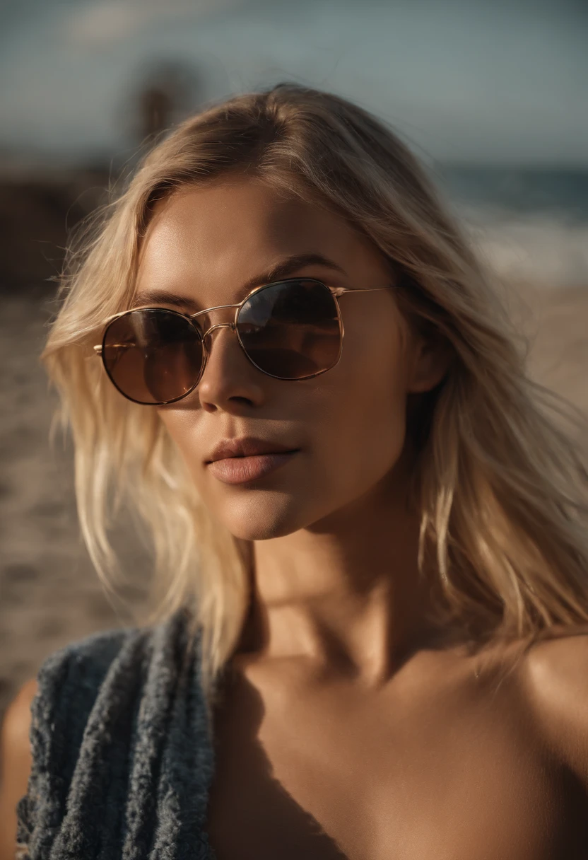 blonde girl in a bikini at the beach. 25 years,  blonde, shatush, shoulder-length hair, cheekbones stand out on the face, in sunglasses, fitness model, in a bikini swimsuit.  fitness figure. 3 size breasts, pumped up ass