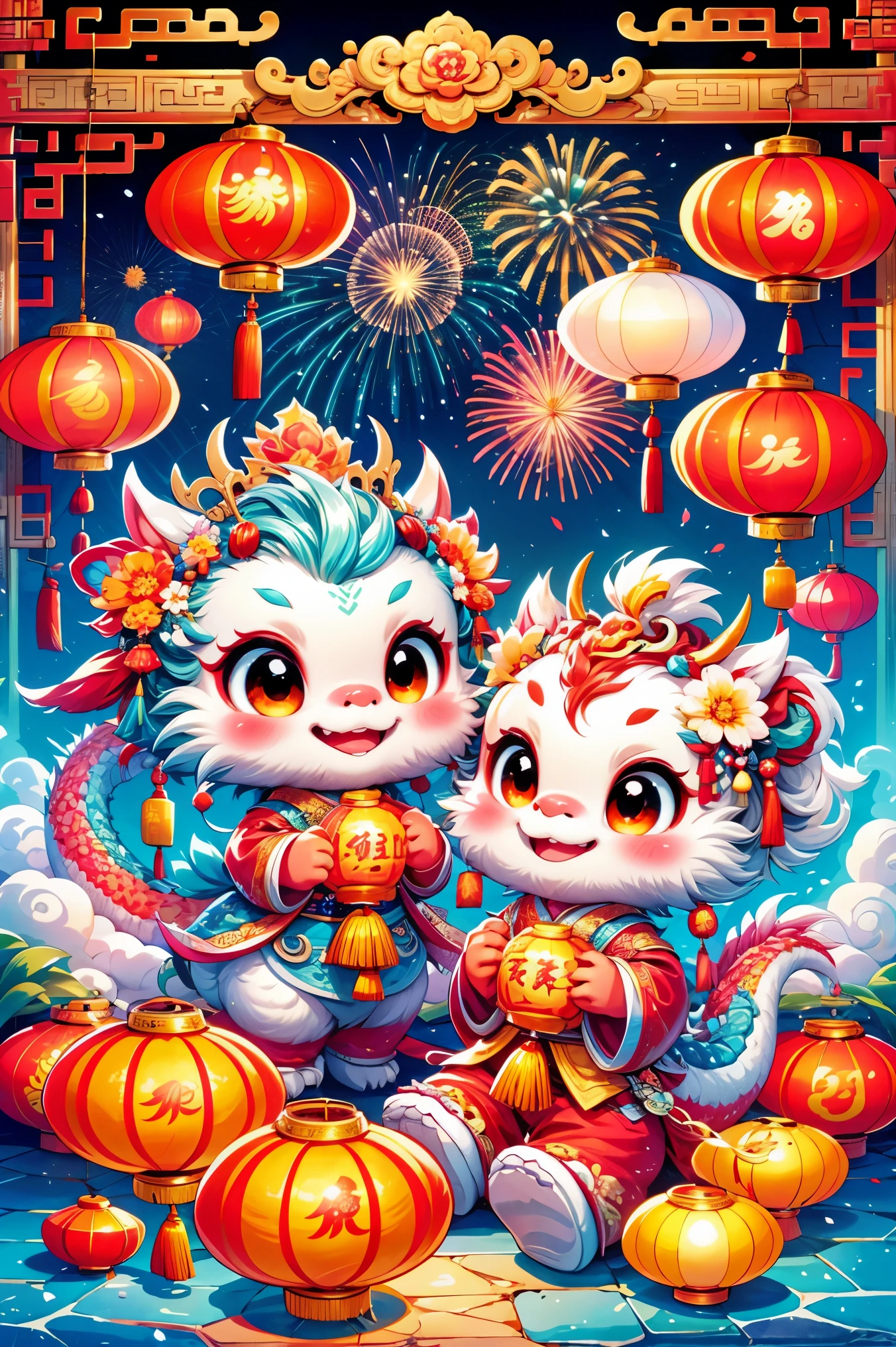 1 Chinese dragon，[(Chinese palace architectural background:1.5)::5]，medium shot，Chinese style，((Spring Festival，lantern，fireworks，firecracker，Floral fragrance，stone fragment，Beautiful and delicate water，moiré floor))，Cute Chinese Dragon