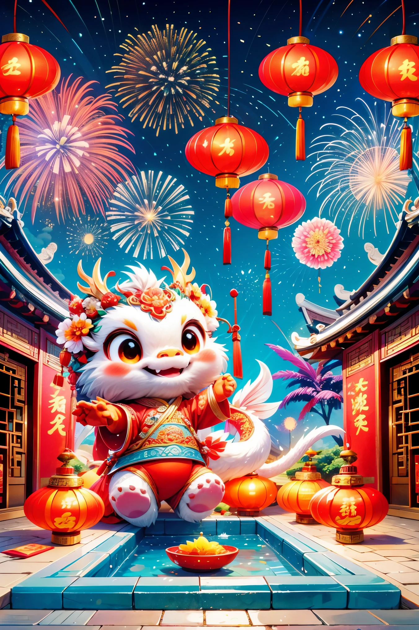 1 Chinese dragon，[(Chinese palace architectural background:1.5)::5]，medium shot，Chinese style，((Spring Festival，lantern，fireworks，firecracker，Floral fragrance，stone fragment，Beautiful and delicate water，moiré floor))，Cute Chinese Dragon