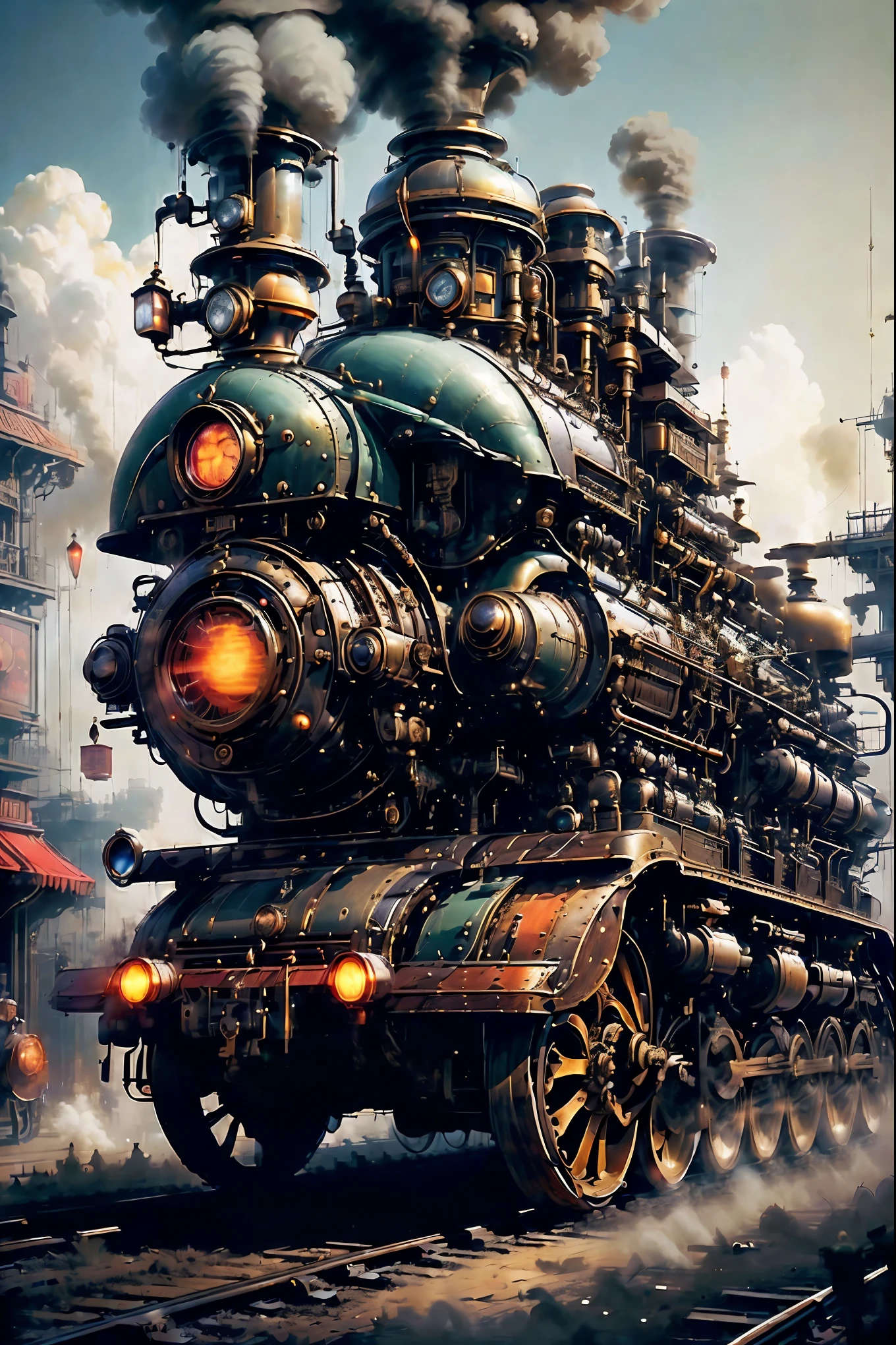 (masterpiece,top quality,best quality,official art,Beautiful and beautiful:1.2),Steampunk, Victorian mechanical world,steam train,smoke,massive clockwork,exquisite machinery, vibrant sunset, neon lights, bustling commercial street, hazy atmosphere, mysterious silhouettes