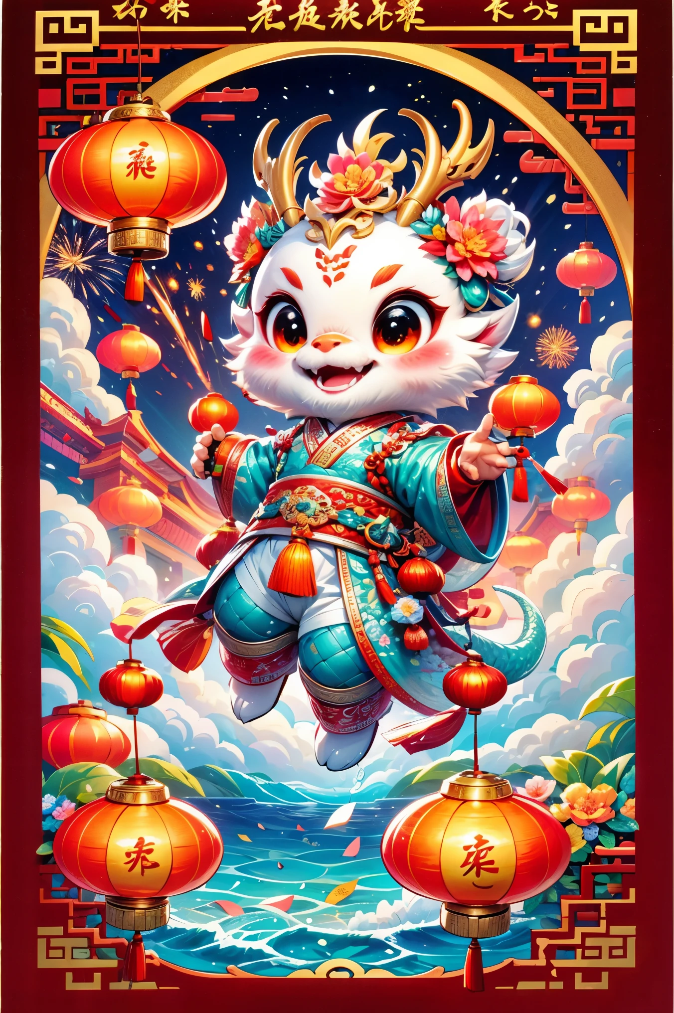 1 Chinese dragon，[(Chinese red background:1.5)::5]，medium shot，Chinese style，((Spring Festival，lantern，fireworks，firecracker，Floral fragrance，stone fragment，Beautiful and delicate water，moiré floor))，Cute Chinese Dragon