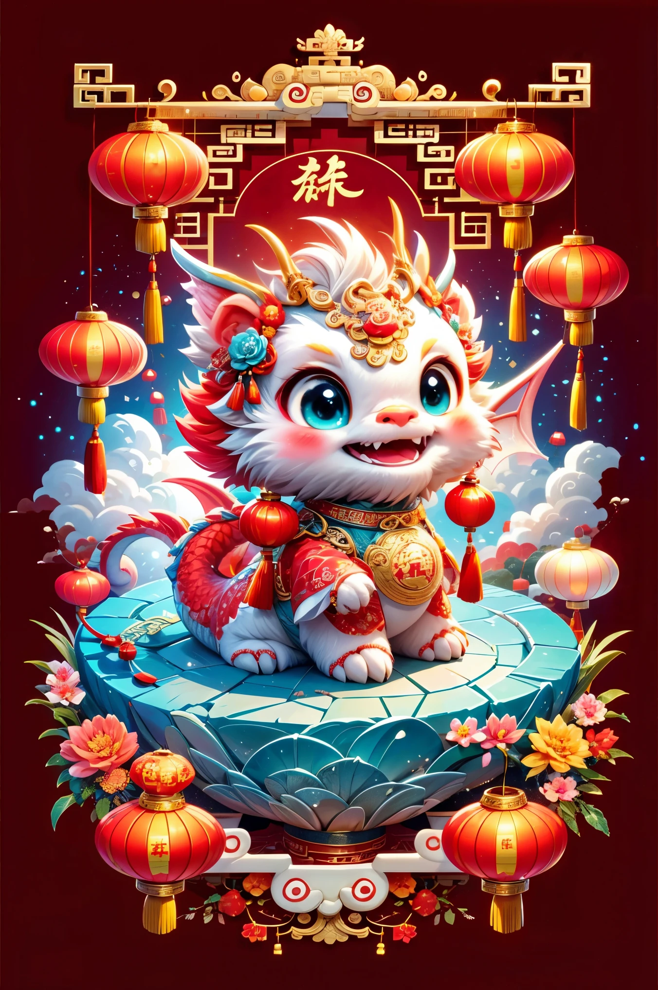 1 Chinese dragon，[(Chinese red background:1.5)::5]，medium shot，Chinese style，Spring Festival，lantern，fireworks，firecracker，Floral fragrance，stone fragment，Beautiful and delicate water，moiré floor，Cute Chinese Dragon