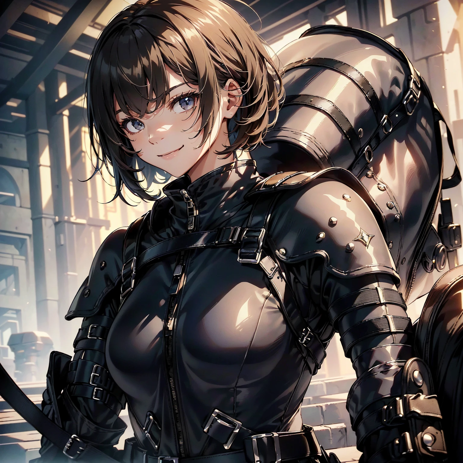(masterpiece、highest quality、highest resolution、clear_image、detailed details): (whole body、18 year old female fighter，Slender、small face、black super bob short hair、Shiny black tight combat uniform，tight suit、Gentle smile、Backpack)