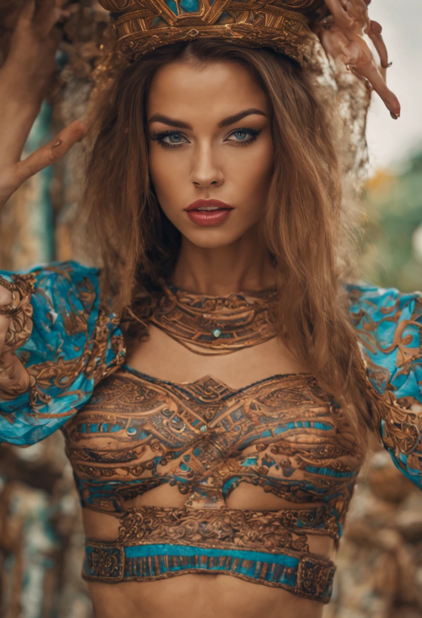 fullbody of Beautiful fashion model wearing decorated hieroglyphic undies  ,, perfect eyes, perfect iris, perfect lips, perfect teeth, perfect skin, soft skin , soft front light, glow, HDR, jewellery, , Tattoo, , uhd, 8k, , 