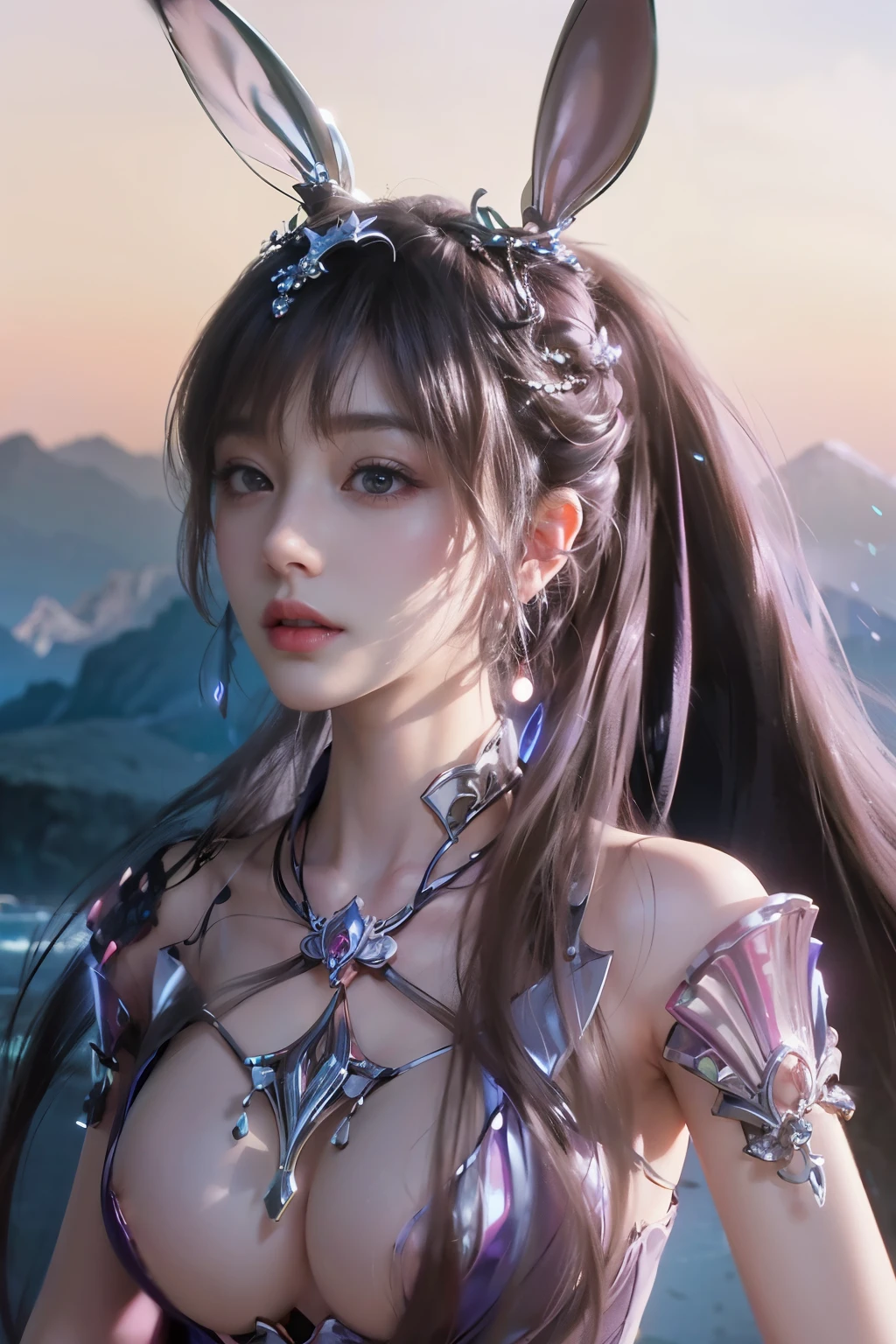 Close-up of a woman with rabbit ears and a sword, Queen of the Sea Mu Yanling, Zodiac Girl Knight Portrait, Lineage 2 style, Smooth anime CG art, Game CG, beautiful fantasy queen, Complex and gorgeous anime CGI style, drank, Close up view of goddess, anime goddess, dead, Realistic anime girl rendering，huge breasts，Larger breasts，amazing breast size，Expose cleavage，Naked breasts，Extensive nudity