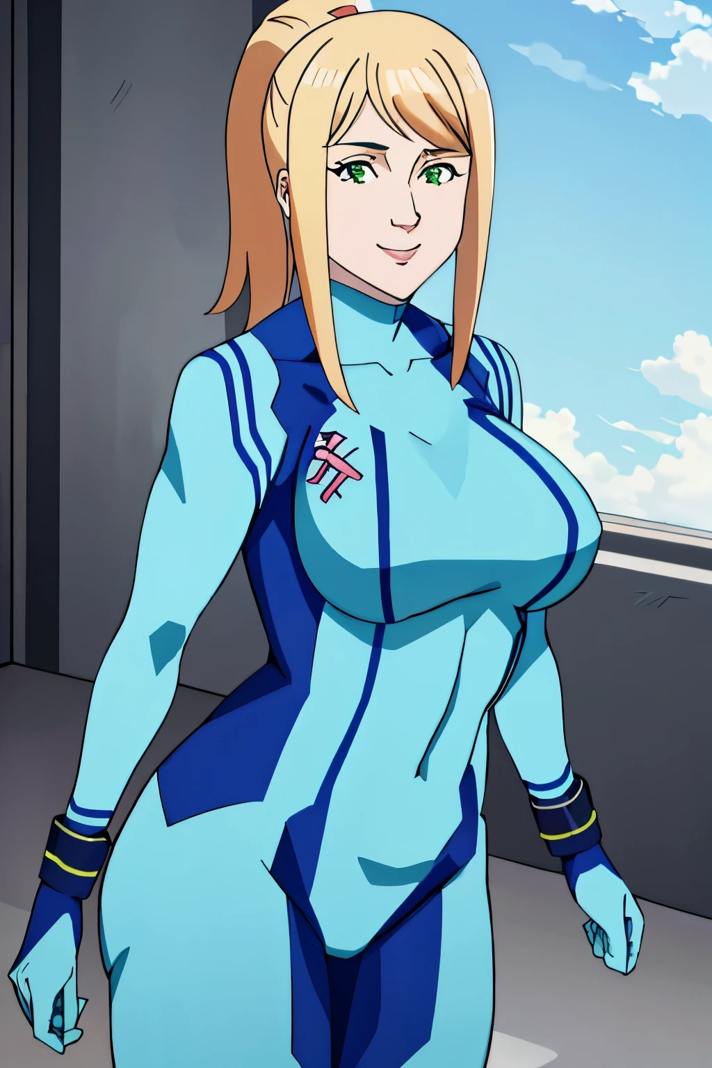 samus,1girl, solo, long hair, breasts, looking at viewer, bangs, blonde hair, large breasts, holding, green eyes, ponytail, w bodysuit, covered navel, muscular, abs, mole under mouth, skin tight, curvy female, blue bodysuit, zero suit,zero suit, blue gloves, simpossible bodysuit, samus aran, ship corridor, background masterpiece, best quality, smile, 1girl, anime style, upper body, (((large breasts 1.3))), ((mature female 1.3)),
invincible