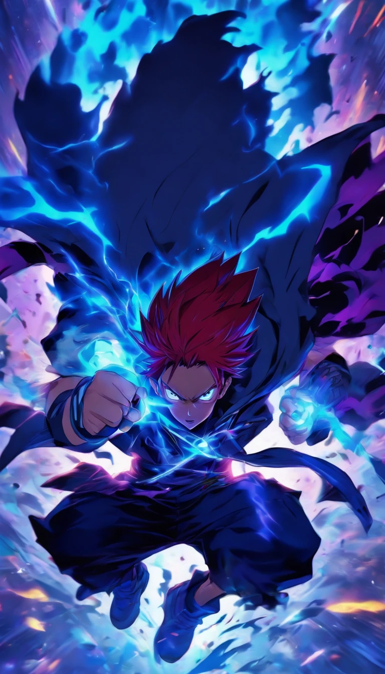 1 man, wear Hoodie, red hair, purple & blue eye, fighting