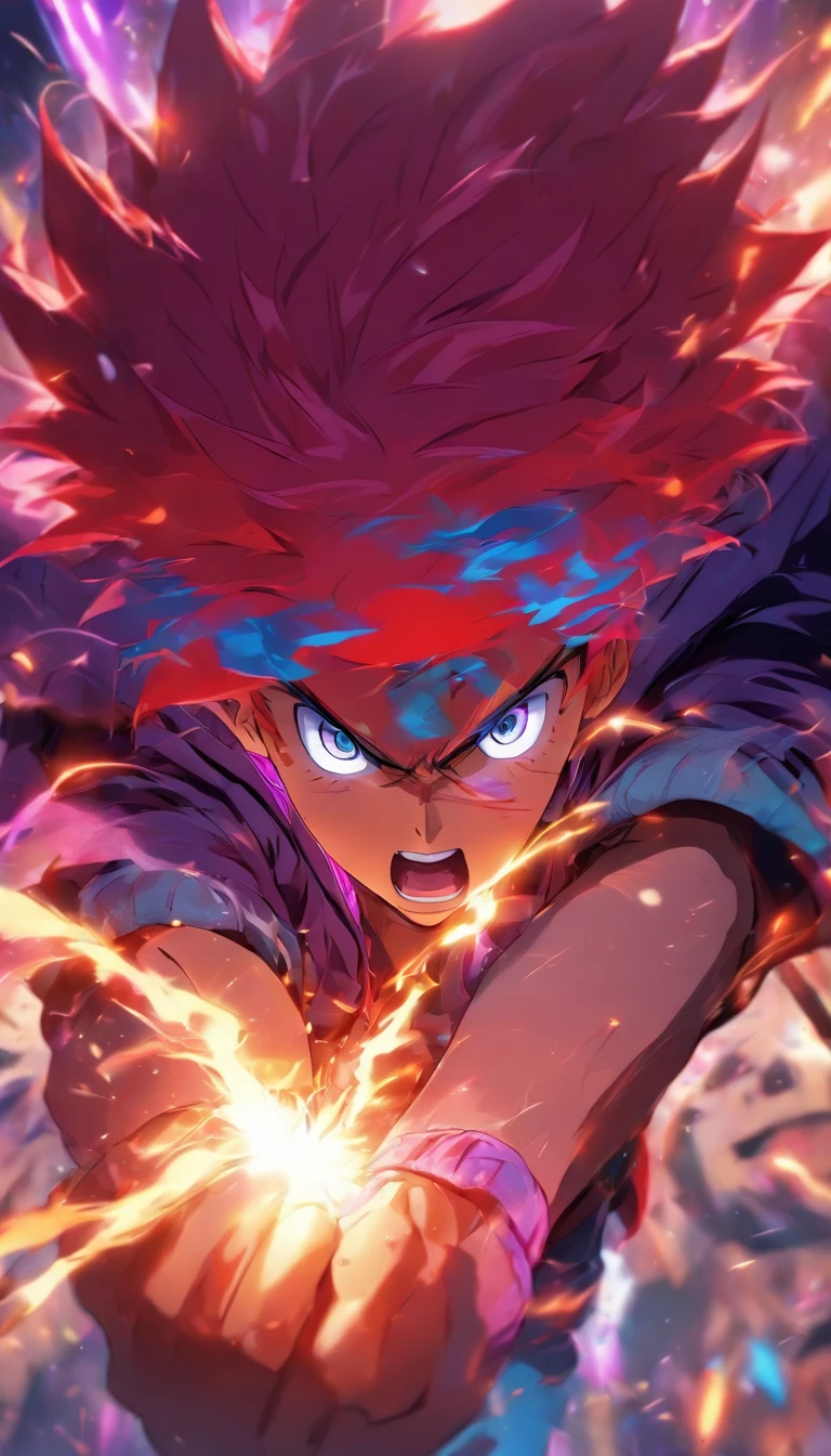 1 man, wear Hoodie, red hair, purple & blue eye, fighting 