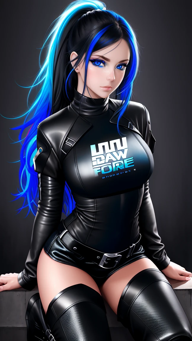 beautiful girl, full body, bright blue neon streaked dishevelled hair, ((large light realistic detailed eyes:1.3)), ((seductive pose:1.5)), black eyeshadow, (street style wear:1.2), ((tight fitted short skirt)), ((thigh high leather boots:1.3)), ((dark plain black background:1.4)), dark makeup, digital art, trending on artstation, highly detailed, fine detail, intricate, beautiful detailed glow, detailed, Cinematic light, high-res, detailed facial features, sharp focus, smooth, aesthetic,