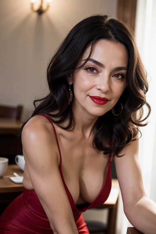 Gorgeous portrait of an older Spanish woman, long wavy hair, bright red lips, black eye shadow, charming smile, black mini dress, deep neckline, cafe, eye contact, looking at viewer, masterpiece, best quality, perfect detail, perfect face detail, perfect eye detail , perfect skin detail, depth of field, perfect lighting