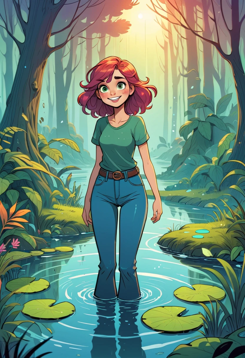 (best quality,4k,8k,highres,masterpiece:1.2),cartoon,shy woman wearing flared jeans,drowning in bog,emotiveexual tension,subtle expressions,detailed hair,water reflections,atmospheric lighting,vivid colors,humorous situation,comic book style,colorful background,lush vegetation,expressive eyes,quirky details,playful composition,stylized rendering,dynamic composition,lighthearted theme,soft shadows,beautifully illustrated,fantasy elements,mischievous smile,fun storytelling,vibrant atmosphere,surreal scene,engaging narrative,captivating style,whimsical touch,eye-catching artwork,imagination,exciting adventure,colorful palette,illustrated scenery,subtle humor,imaginative concept,unique character design,emotional depth,stimulating visual,amusing storyline,engrossing artwork
