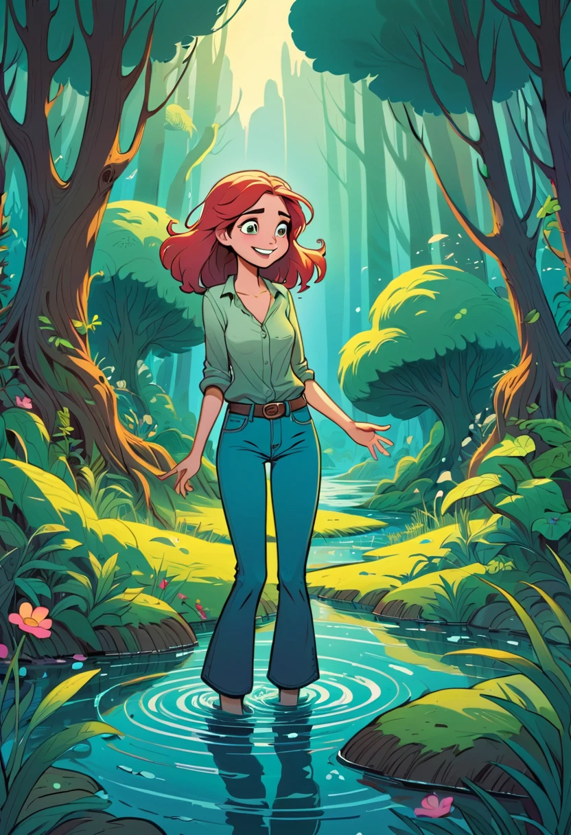 (best quality,4k,8k,highres,masterpiece:1.2),cartoon,shy woman wearing flared jeans,drowning in bog,emotiveexual tension,subtle expressions,detailed hair,water reflections,atmospheric lighting,vivid colors,humorous situation,comic book style,colorful background,lush vegetation,expressive eyes,quirky details,playful composition,stylized rendering,dynamic composition,lighthearted theme,soft shadows,beautifully illustrated,fantasy elements,mischievous smile,fun storytelling,vibrant atmosphere,surreal scene,engaging narrative,captivating style,whimsical touch,eye-catching artwork,imagination,exciting adventure,colorful palette,illustrated scenery,subtle humor,imaginative concept,unique character design,emotional depth,stimulating visual,amusing storyline,engrossing artwork