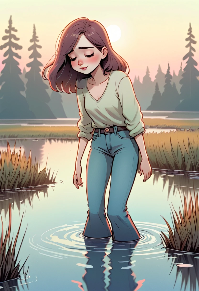 (cartoon,shy woman wearing flared jeans,drowning in bog),illustration,soft pastel colors,detailed environment,emotional expression,beautiful background scenery,realistic portrayal,bright lighting,romantic atmosphere,soft and dreamy colors,blurred edges,vibrant colors,filmic style,subtle shadows,whimsical feeling