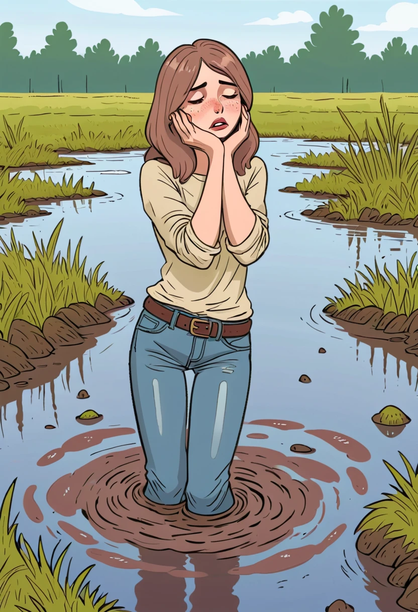 cartoon, shy woman  wearing muddy flared jeans experiences sexual tension while drowning in bog,
