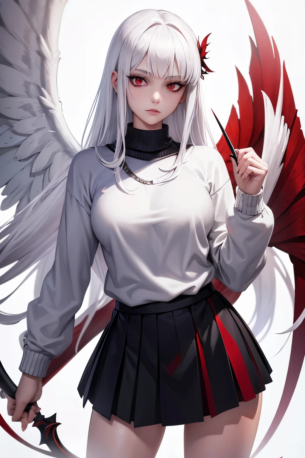 white hair, red eyes, woman, sweater, black sweater, skirt, black skirt, jojo pose, white hair, red eyes, long hair, very long hair, HD, Realistic Quality Texture, Mindless, white background, wings, white wings, red aura, Not accessories on the hair, Long Sickle, Black Sickle Weapon, Human, Perfect Body, 4k, Shadow, Lighning, Realistic Texture Sickle, 