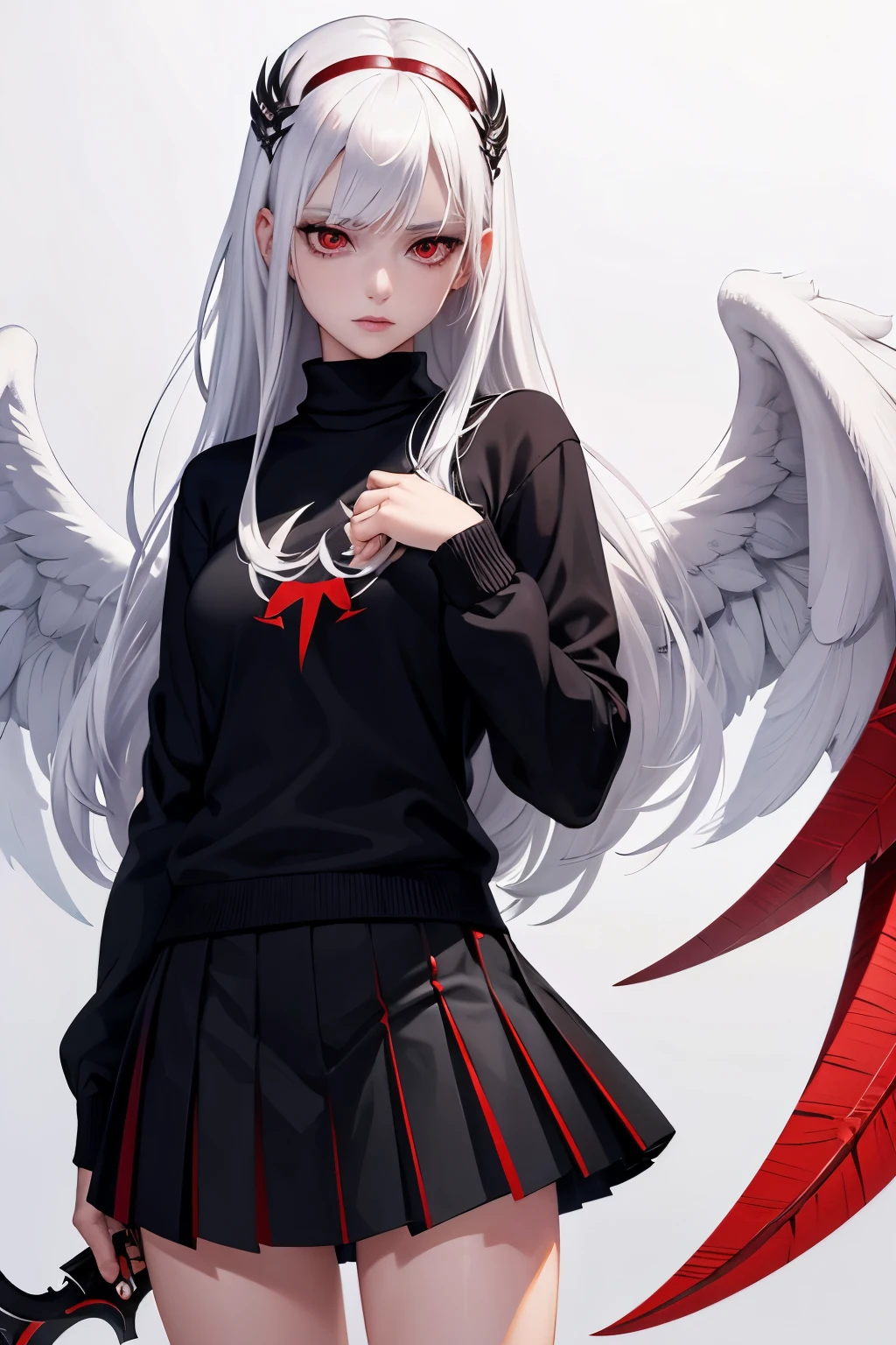 white hair, red eyes, woman, sweater, black sweater, skirt, black skirt, jojo pose, white hair, red eyes, long hair, very long hair, HD, Realistic Quality Texture, Mindless, white background, wings, white wings, red aura, Not accessories on the hair, Long Sickle, Black Sickle Weapon, Human, Perfect Body, 4k, Shadow, Lighning, Realistic Texture Sickle,
