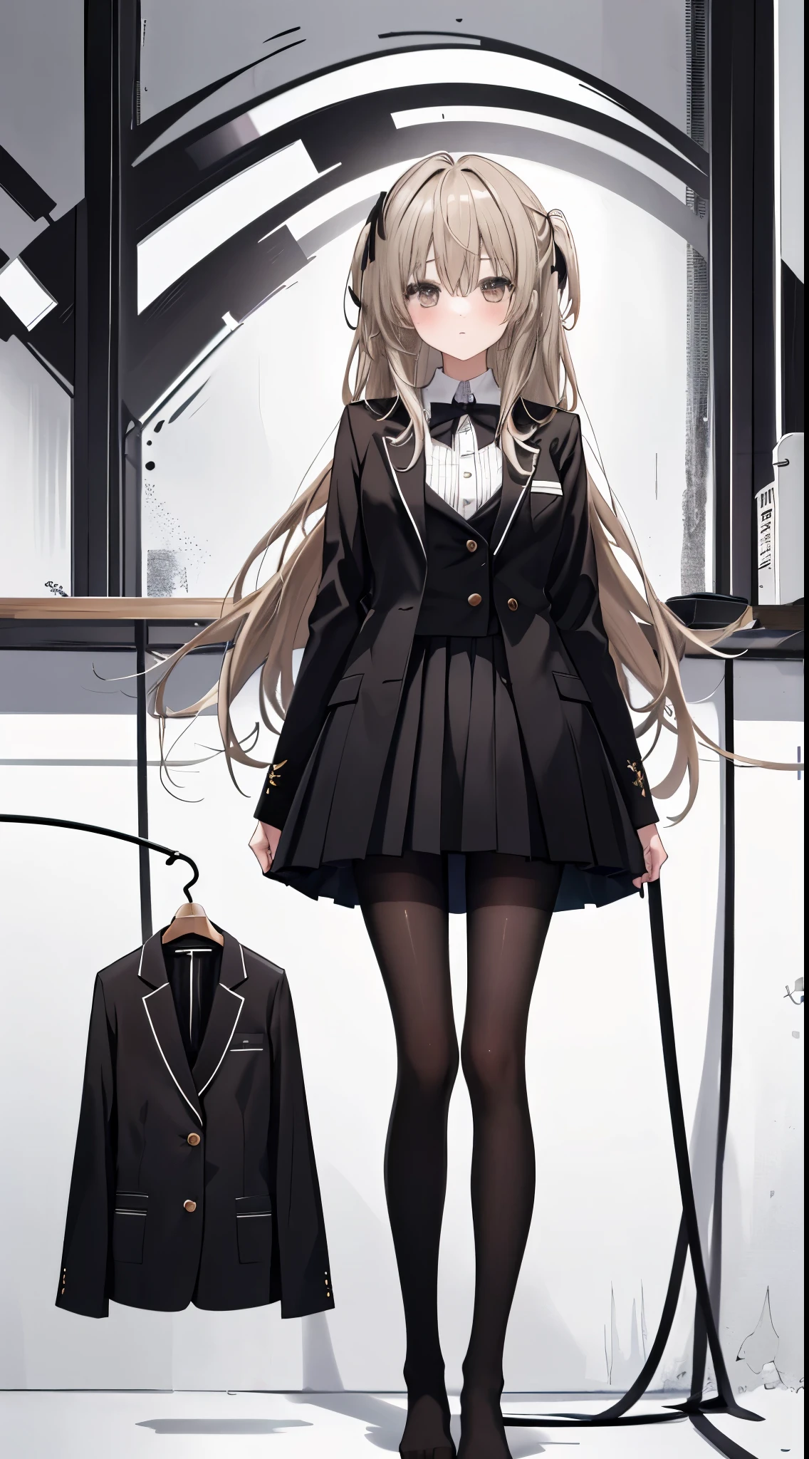 finest, masterpiece, High resolution, (Full body view from head to toe), front, frontやや下からの構図, Symmetrical, 18 year old girl, alone, (whole body from head to toe), small breasts, brown hair, slightly messy hair, long hair, bangs, (black tights), ( (black pantyhose), black pantyhose, (M-shaped legs), show me your white panties, Slender legs, とても美しい18 year old girl, (not wearing shoes), blush, shy big eyes, messy hair, looking at camera, Blazer uniform appearance、Checkered pleated skirt