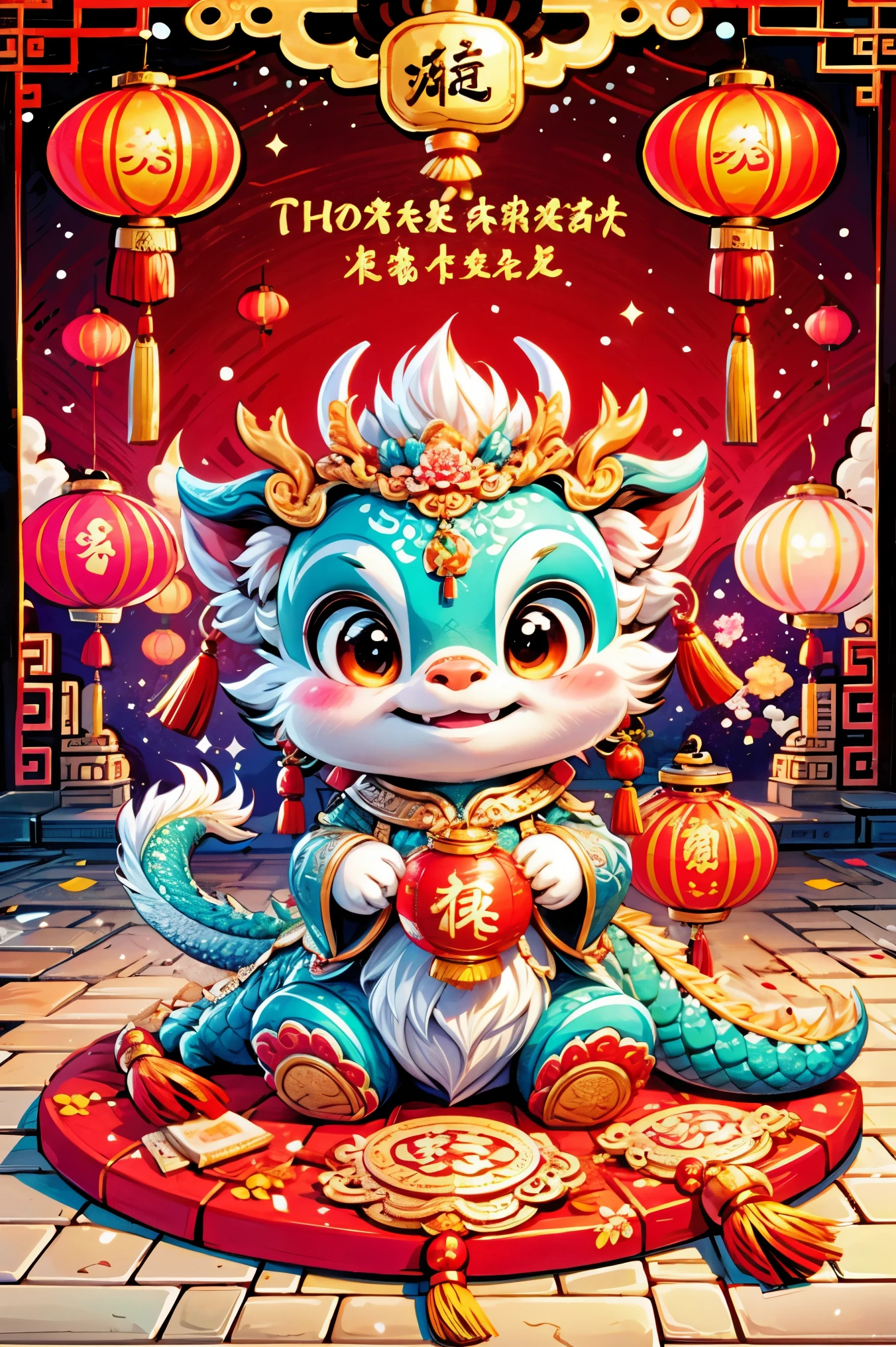 1 Chinese dragon，[(Chinese palace background:1.5)::5]，medium shot，Chinese style，Spring Festival，lantern，fireworks，firecracker，Floral fragrance，stone fragment，Beautiful and delicate water，moiré floor，Cute Chinese Dragon