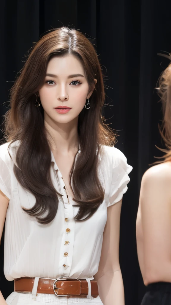 (best quality, high resolution, masterpiece :1.3), Several tall and beautiful women, slim abs, Dark brown hair styled in loose waves, Wear a pendant, white button-down blouse, belt, black skirt, (Conference room background), Detailed rendering of facial and skin textures, delicate eyes, double eyelids。Meeting to discuss