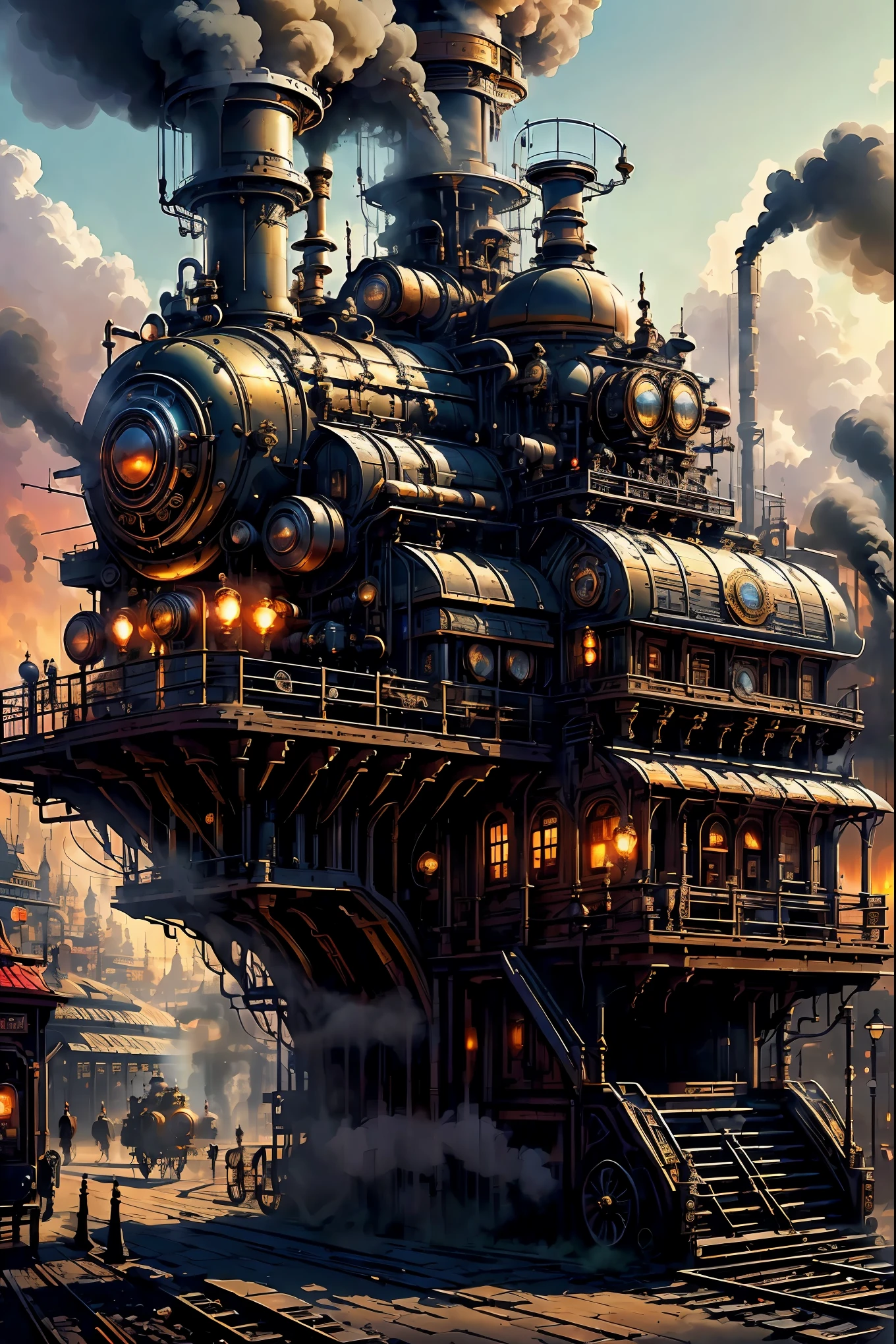 (masterpiece,top quality,best quality,official art,Beautiful and beautiful:1.2),Steampunk, Victorian mechanical world,steam train,smoke,massive clockwork,exquisite machinery, vibrant sunset, neon lights, bustling commercial street, hazy atmosphere, mysterious silhouettes