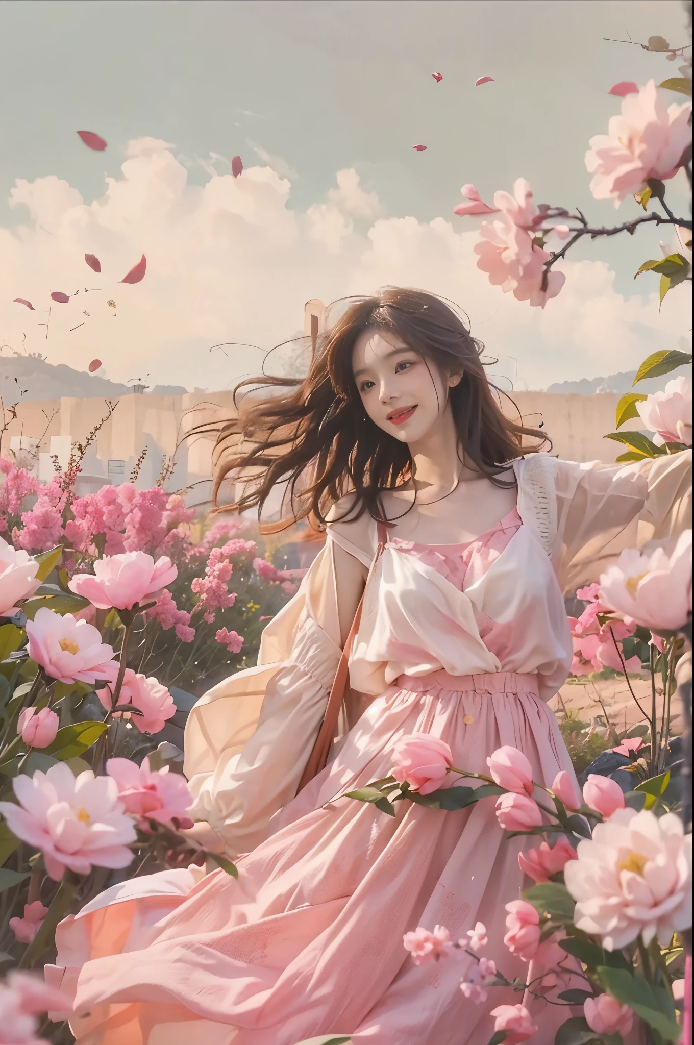 create fun images, A 28-year-old brunette woman with messy hair standing in a flower field. The background is a meadow of peach trees in a pink color scheme..。. The woman will be smiling and holding a very large bouquet of white flowers..., She wears a white dress,extend it towards the viewer in a giving gesture. We will do our best to bring you this vibrant festival scene.。.!
